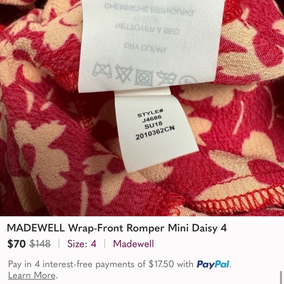 New Madewell Wrap Front Floral Romper Daisy Red Sz 8 - Picture 7 of 8